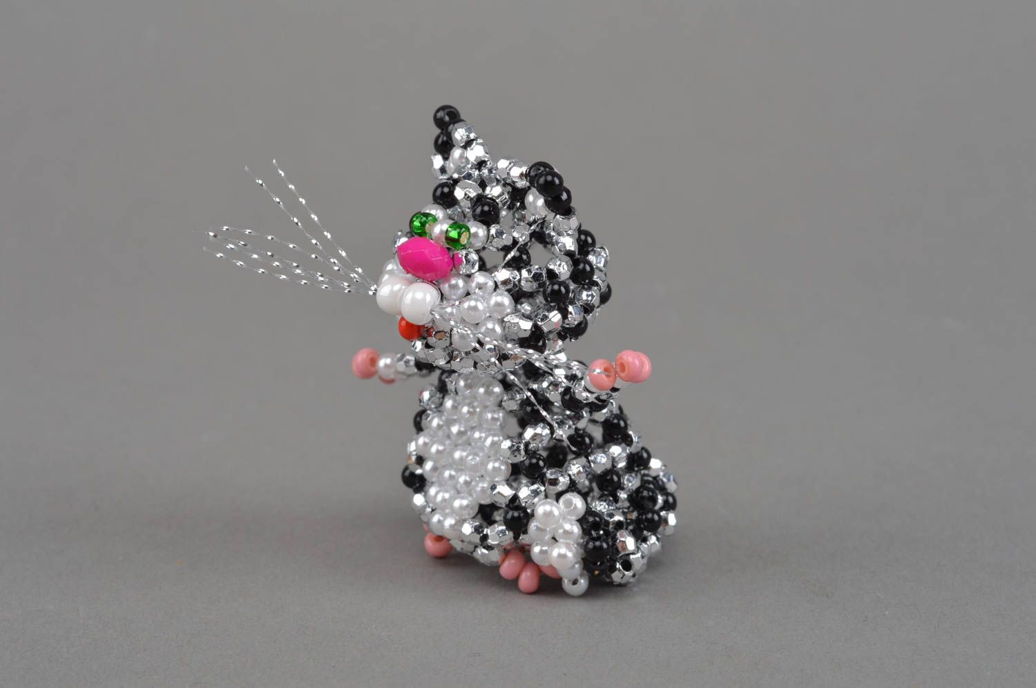 Miniature collectible designer beaded animal figurine of cat handmade decor photo 2