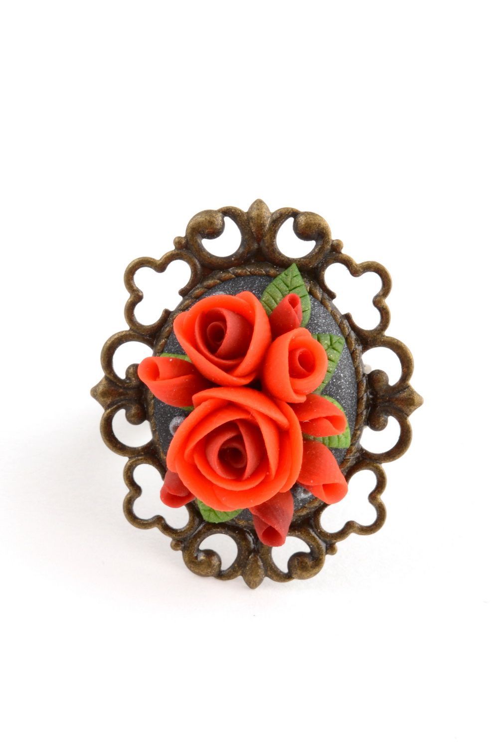 Handmade jewelry ring with fancy metal basis and red polymer clay flower photo 2
