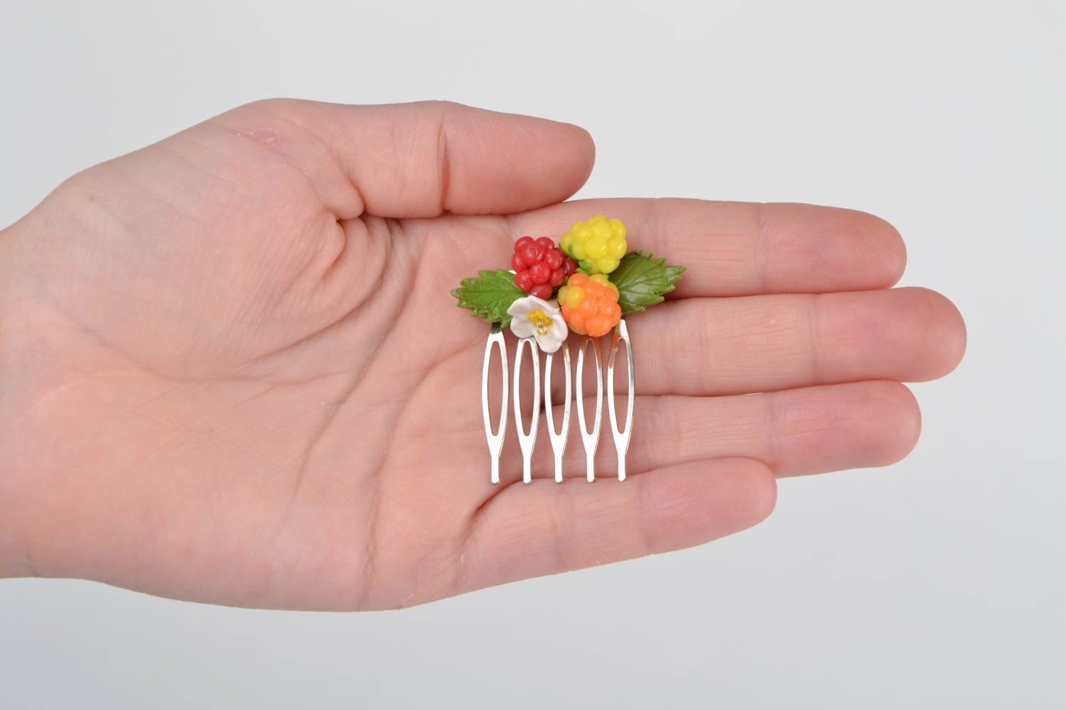 Handmade small decorative hair comb with polymer clay berries and flowers photo 2