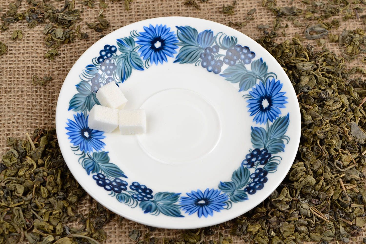Soucoupe ronde Petite assiette fait main peint blanc bleu Service vaisselle photo 1