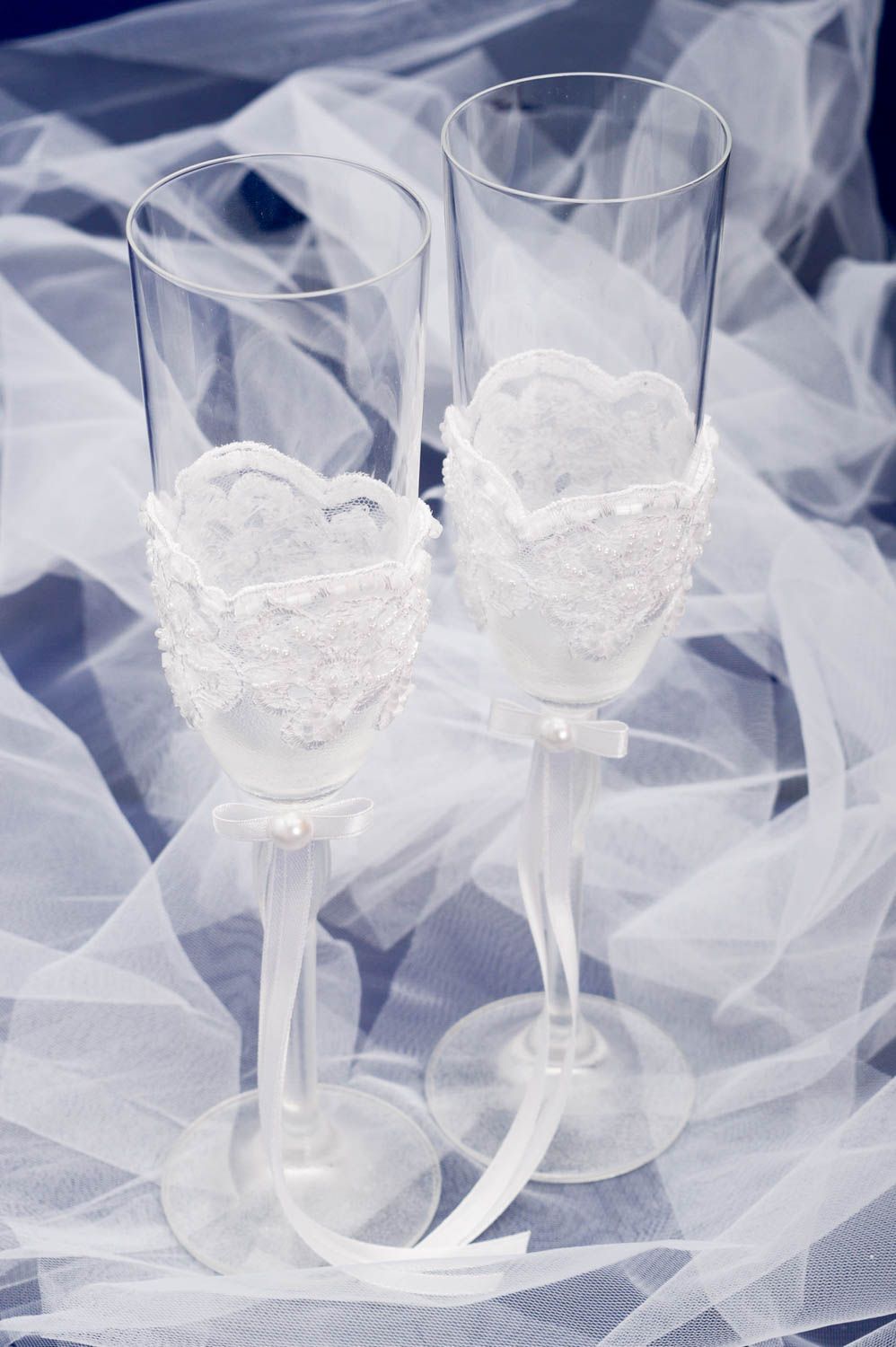 Свадебные бокалы ручной работы свадебные фужеры красивые бокалы с кружевом фото 1