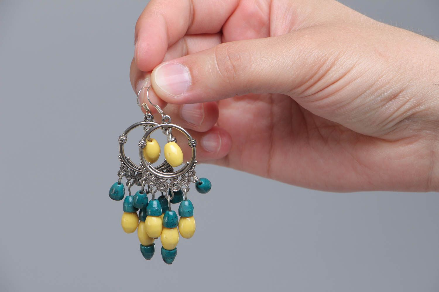 Handmade massive metal earrings with plastic beads photo 5