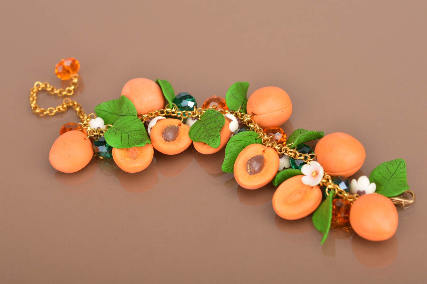 Apricot beads' bracelet with green leaves. Great gift for a woman photo 4
