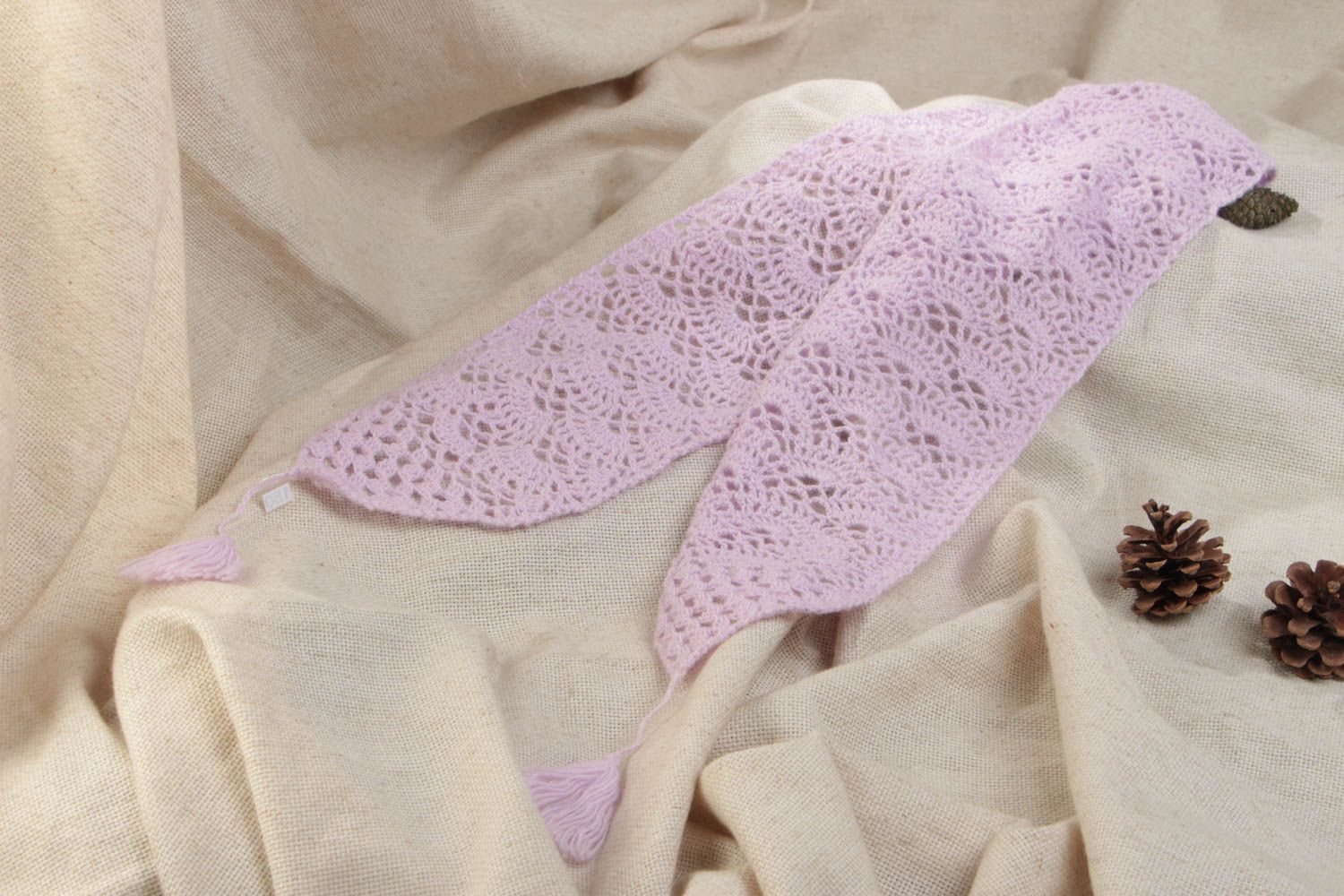 Лавандовый вязаный крючком шарф из мохера ручной работы нарядный оригинальный фото 1