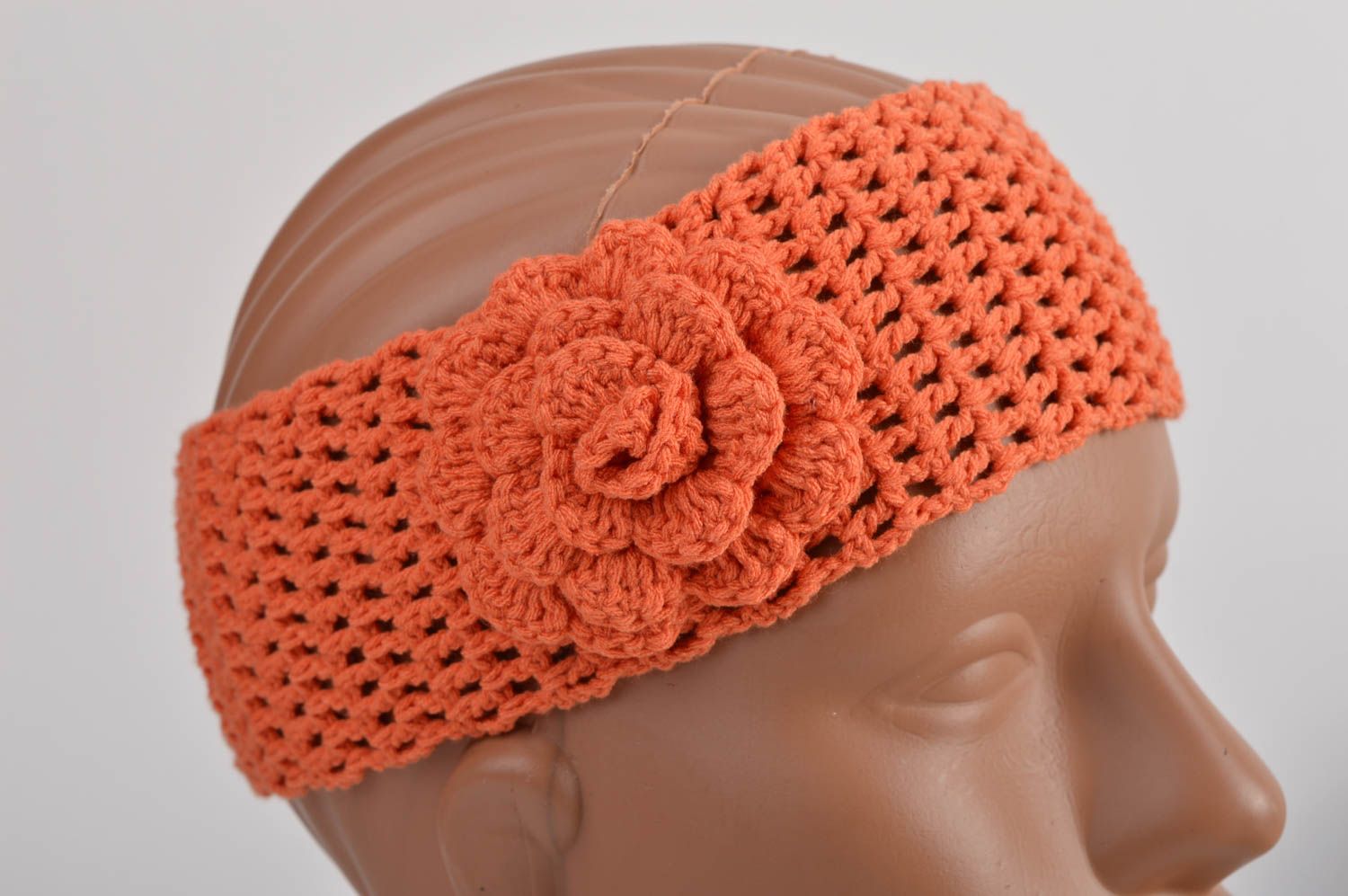 Оранжевая стильная повязка на голову для девочки ручной работы с цветком фото 2