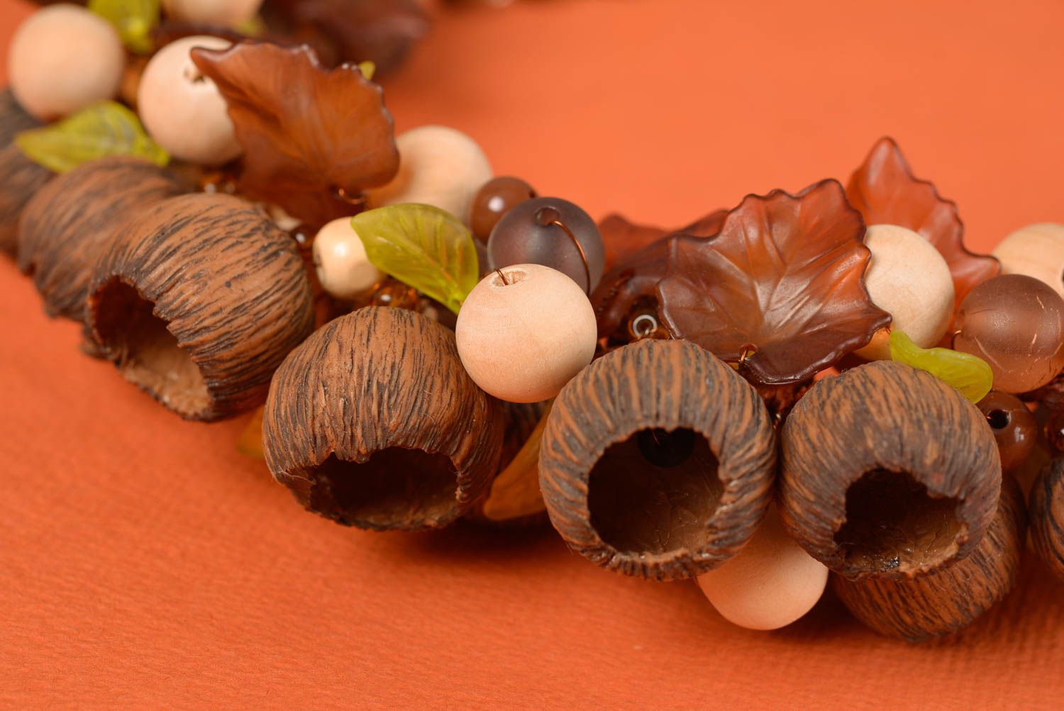 Handmade designer necklace with polymer clay and plastic beads in autumn colors photo 2