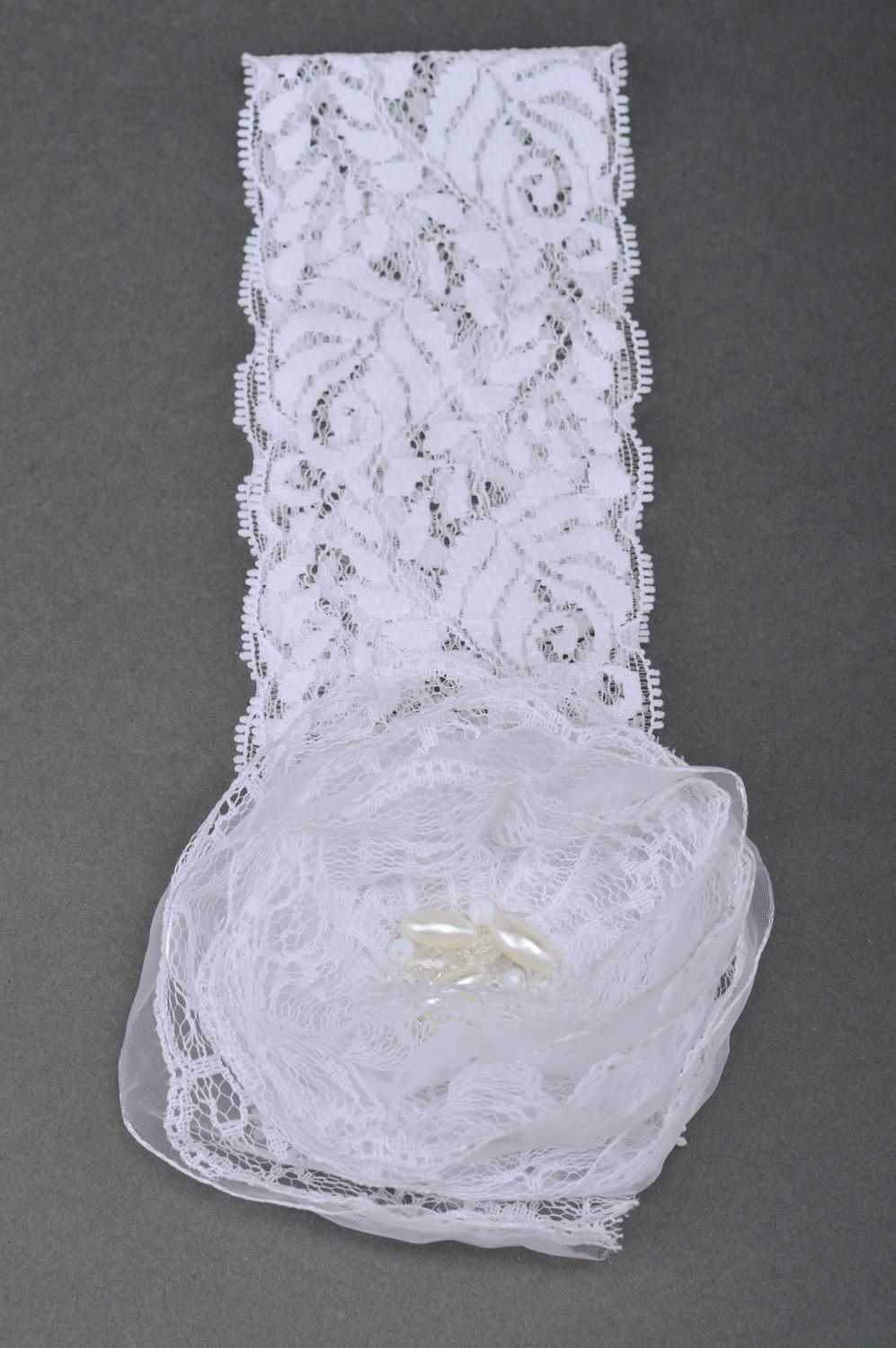 Handmade festive tender white lace headband with satin flower and beads  photo 3