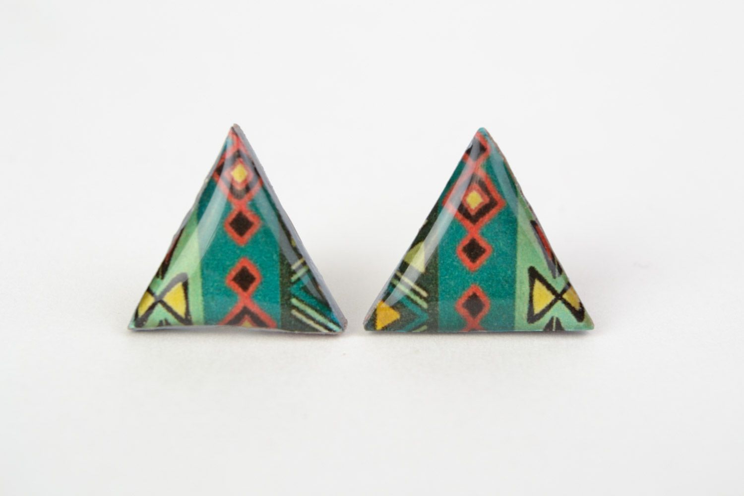 Handmade triangle stud earrings with ethnic print coated with jewelry glaze photo 3