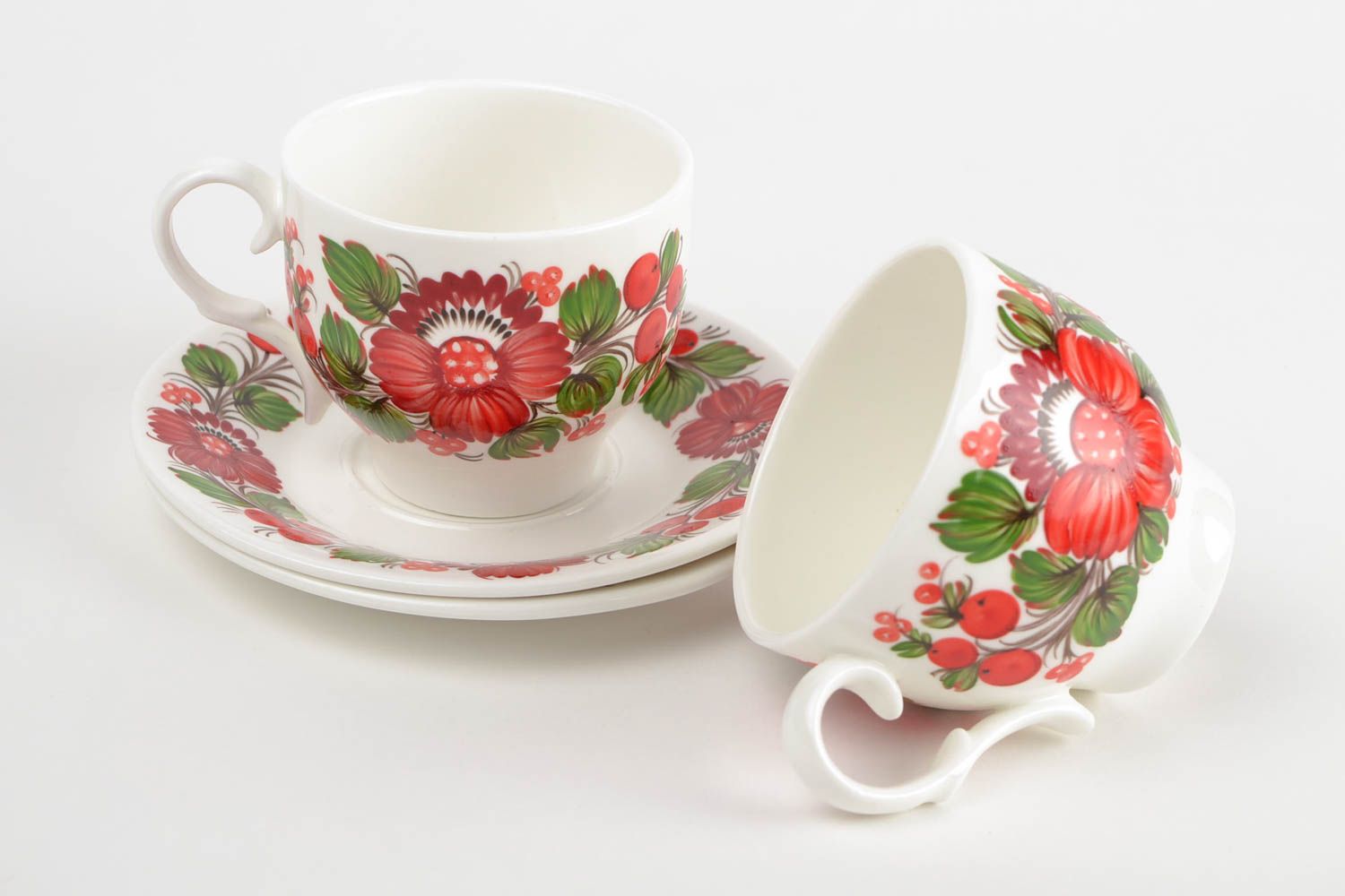 Set of 5 oz white coffee cups set of two cups with handle and saucer photo 3