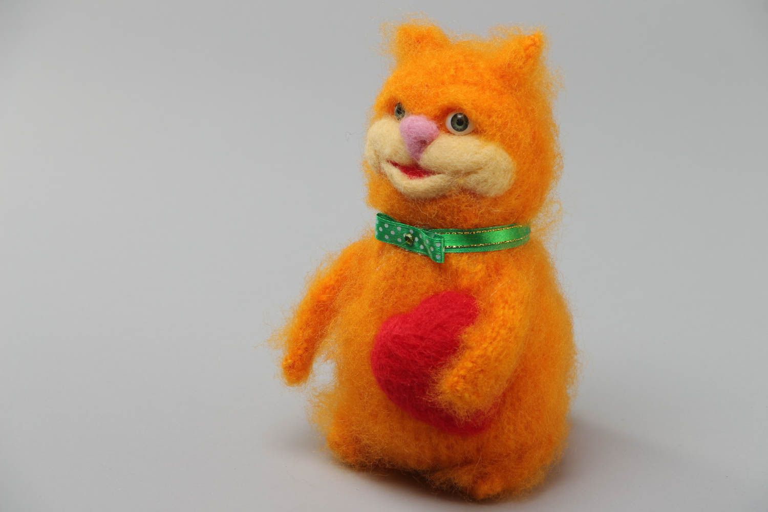 Handmade soft toy fluffy cat crocheted of bright orange mohair threads  photo 2