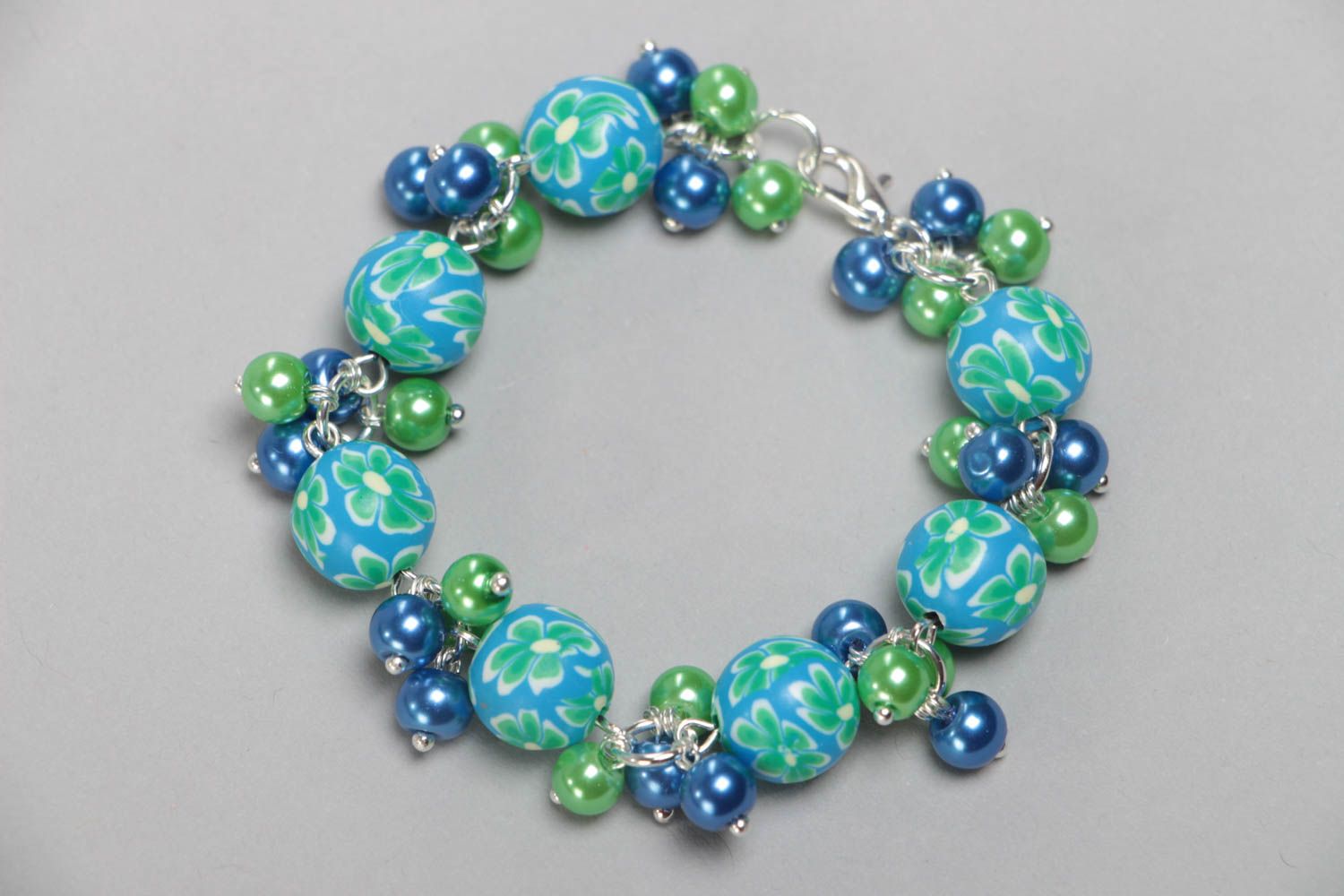 Blue handmade children's polymer clay bracelet with ceramic beads on chain photo 2