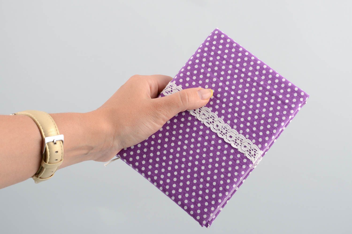 Handmade designer notebook with bright violet polka dot fabric cover with lace photo 5