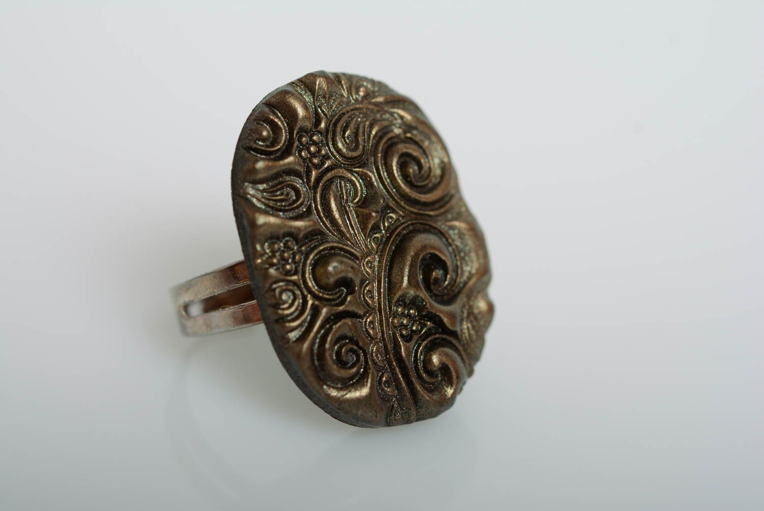 Beautiful stylish handmade polymer clay oval ring of brown color photo 1