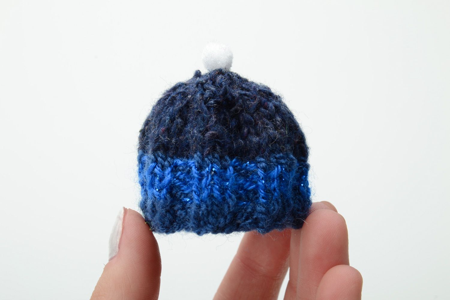 Knitted dark blue hat for a baby toy. Two inches in diameter photo 5