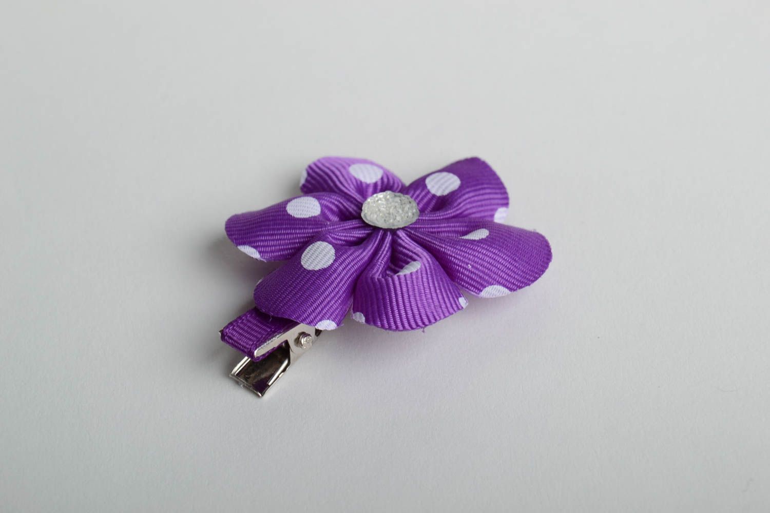 Handmade hair clip with metal basis and violet ribbon flower with rhinestone photo 2
