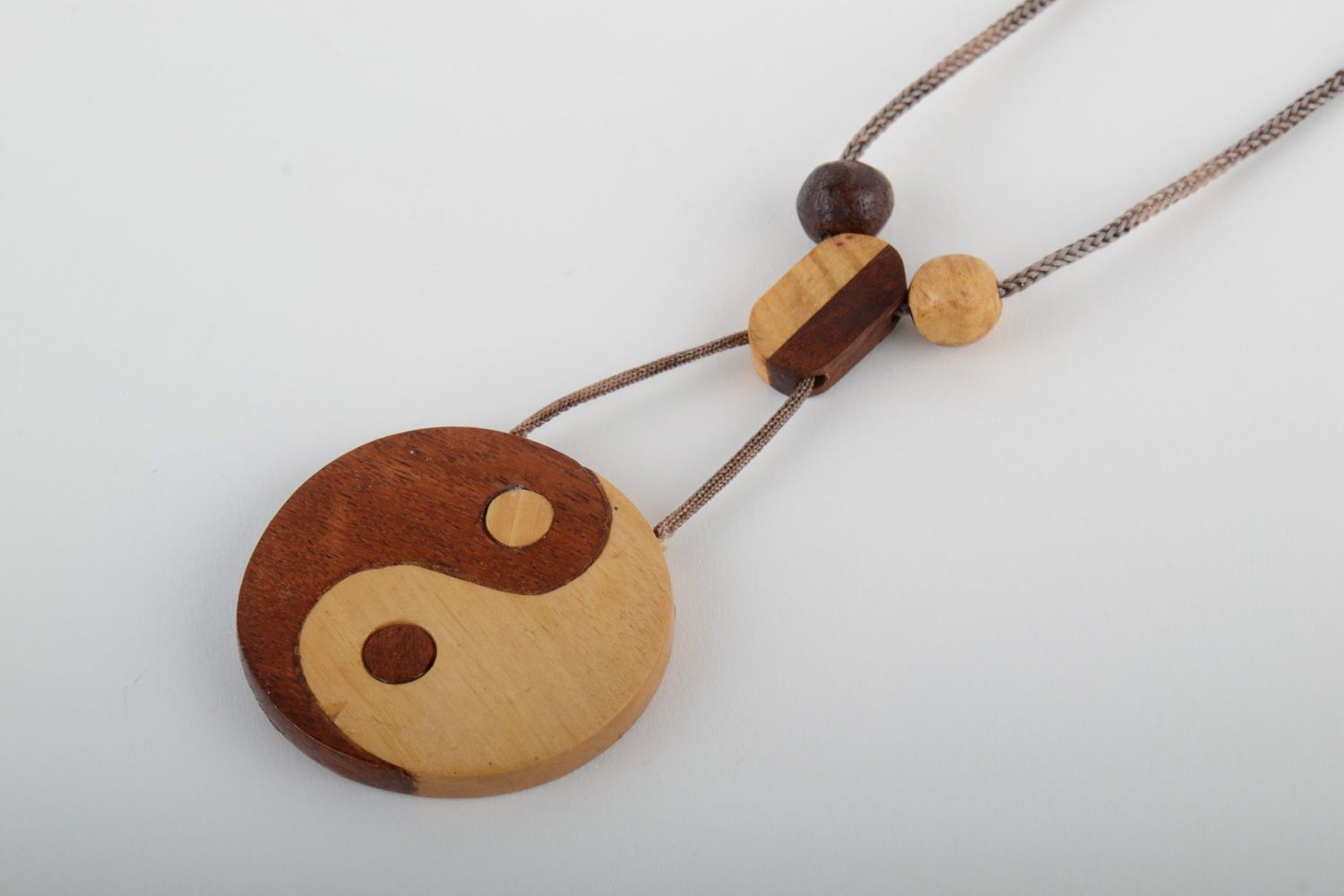 Handmade round carved wooden neck pendant with cord Yin and Yang for women photo 3