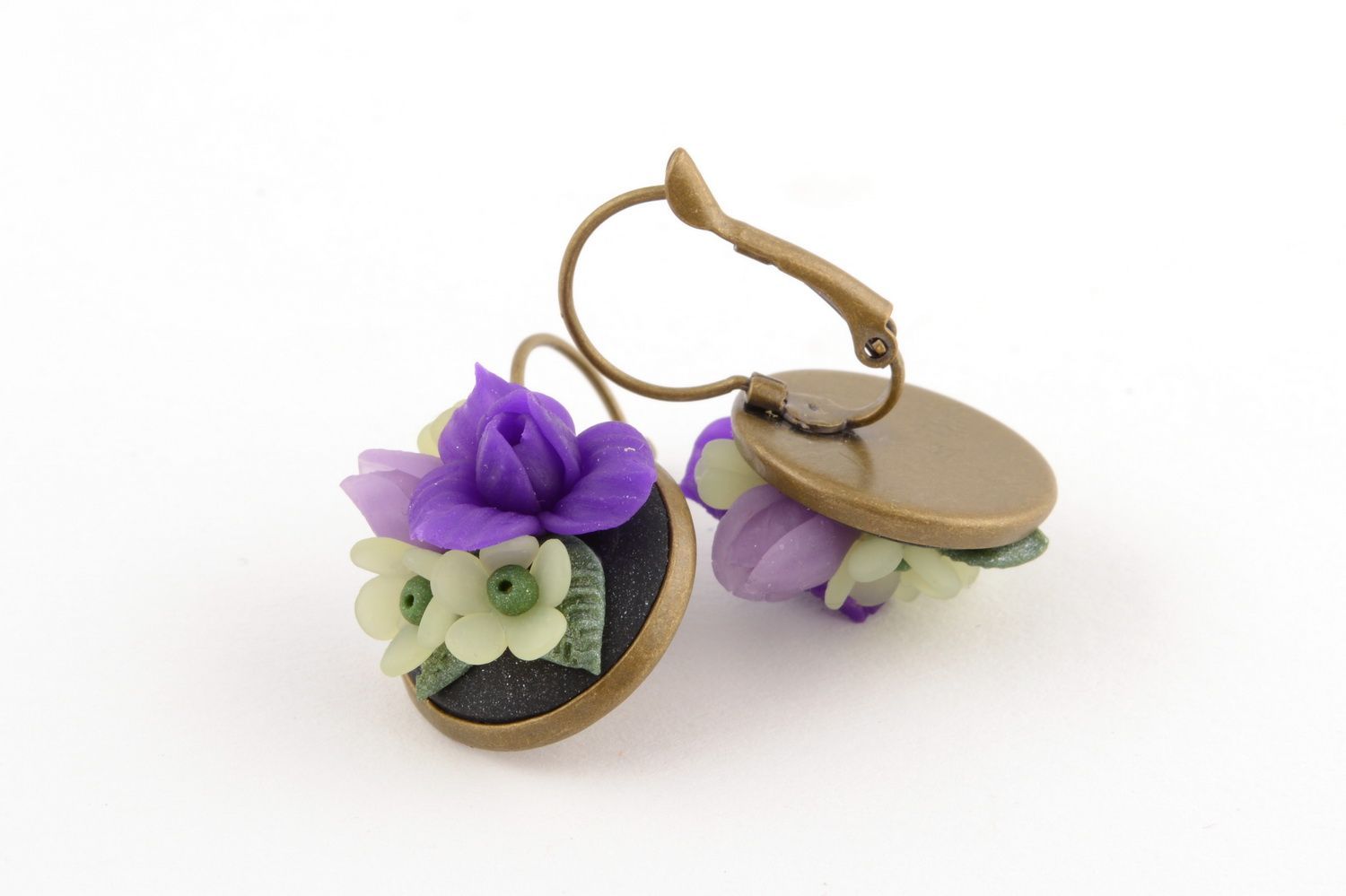 Handmade stylish festive cute earrings made of polymer clay with flowers photo 4