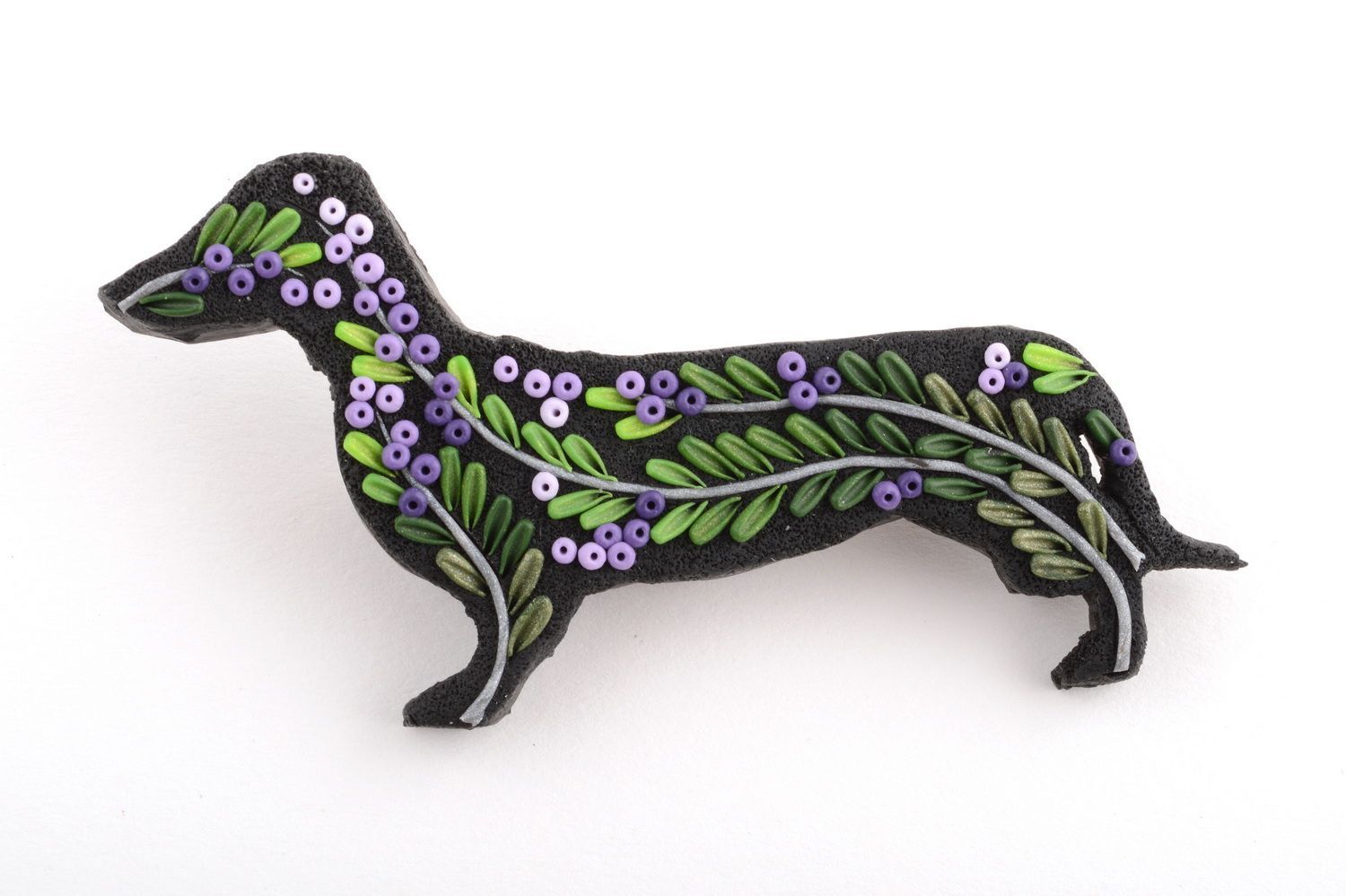 Handmade cute black brooch dachshund made of polymer clay with flowers photo 2