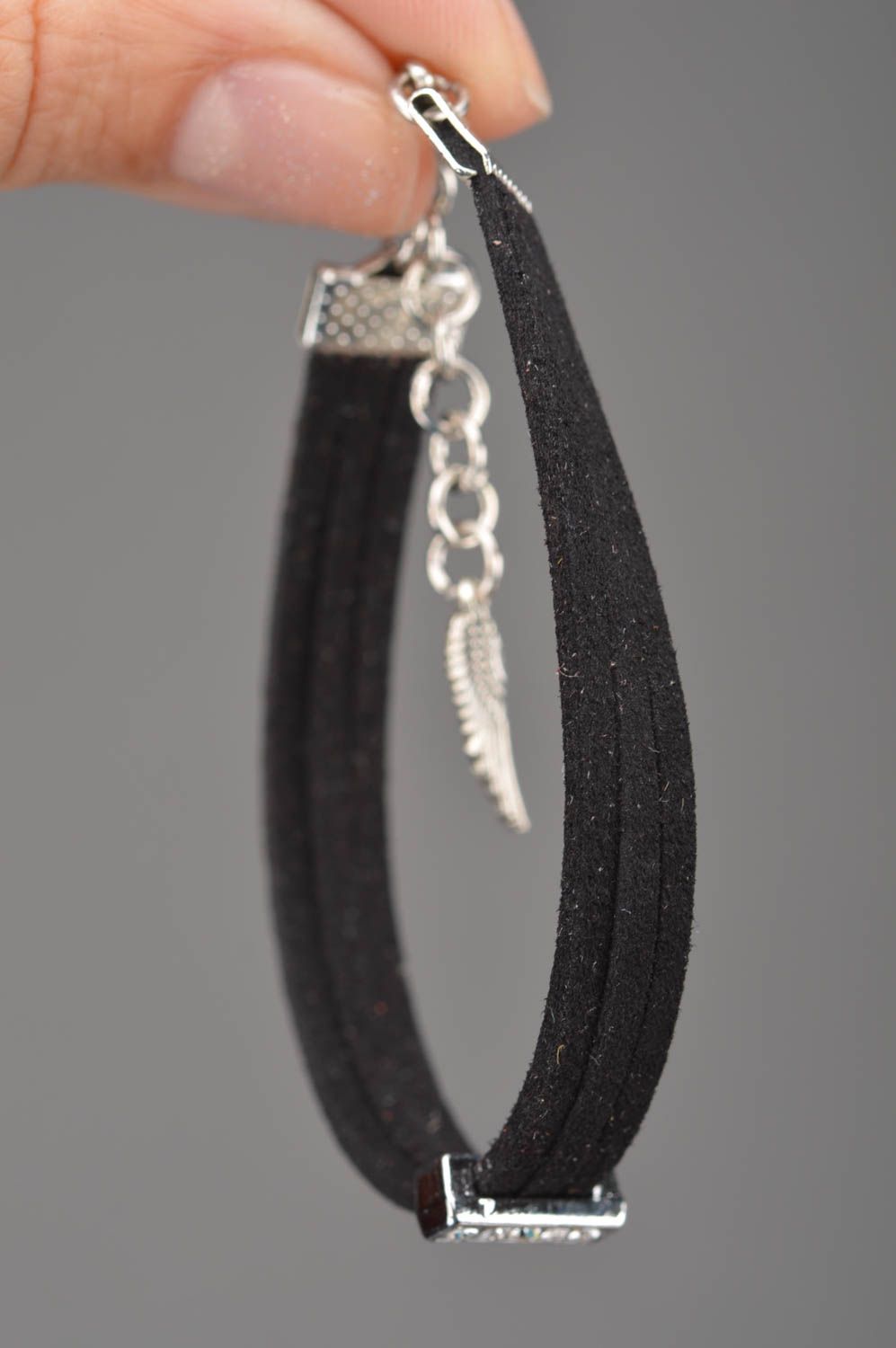 Beautiful unusual handmade designer thin black suede cord bracelet with charm  photo 2
