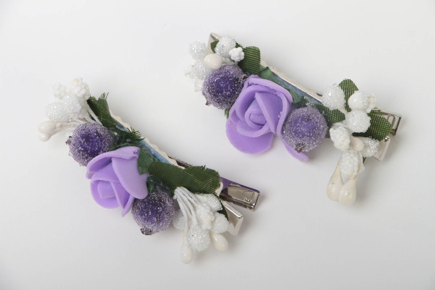 Handmade flower hair clips set of unusual accessories cute jewelry 2 pieces photo 3
