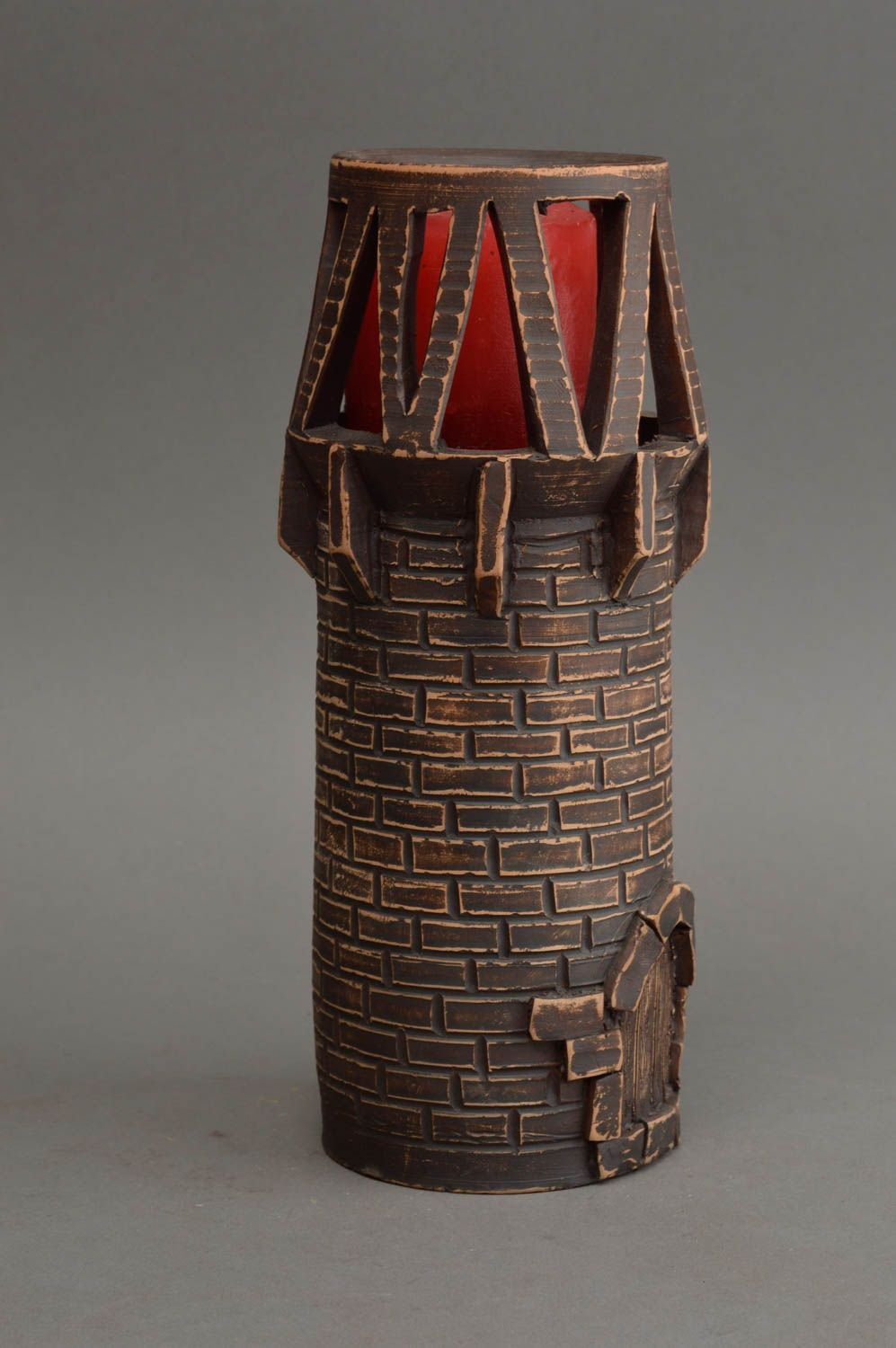 Clay candlestick tower with door made of red clay handmade pottery for home photo 2