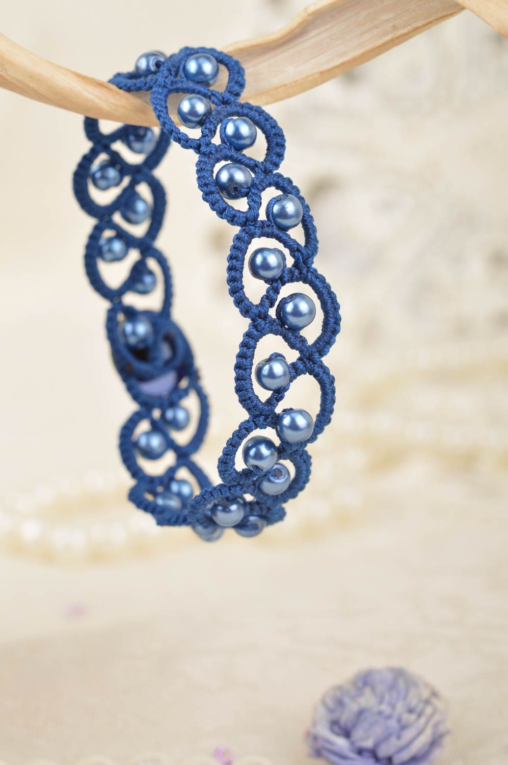 Handmade thin woven tatting bracelet with beads of blue color  photo 1