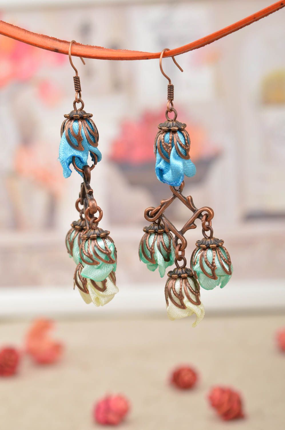 Stylish handmade earrings interesting satin jewelry designer accessories photo 1