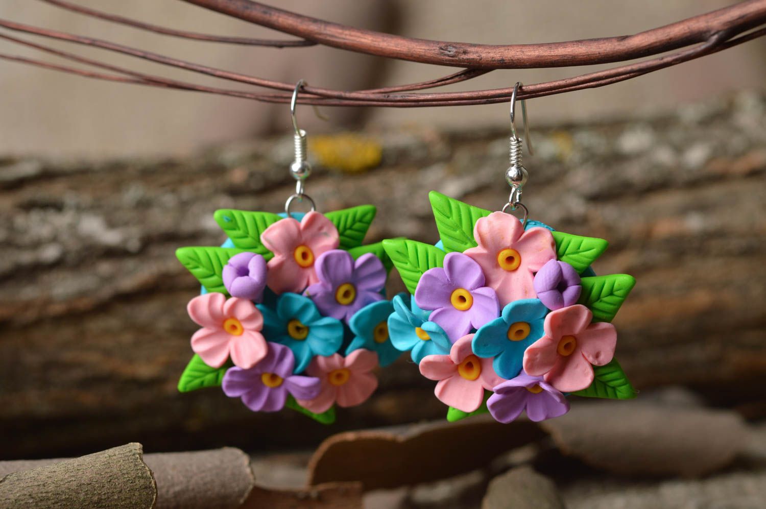 Unusual handmade palstic earrings homemade flower earrings accessories for girls photo 1