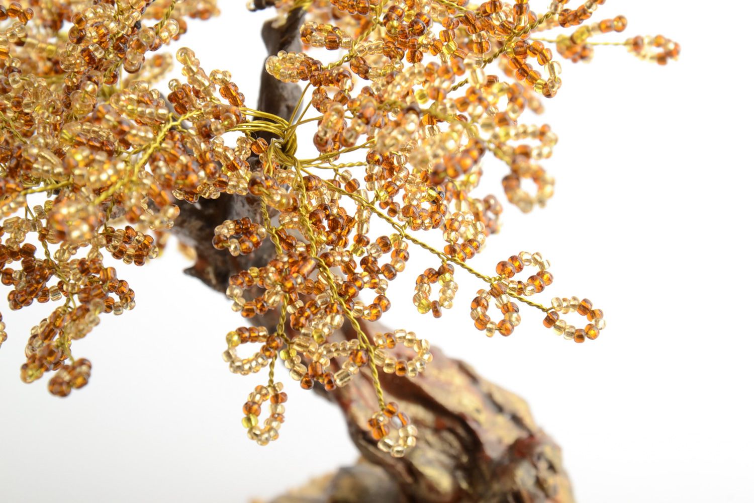 Handmade decorative beaded happiness tree painted with acrylics of golden color photo 4