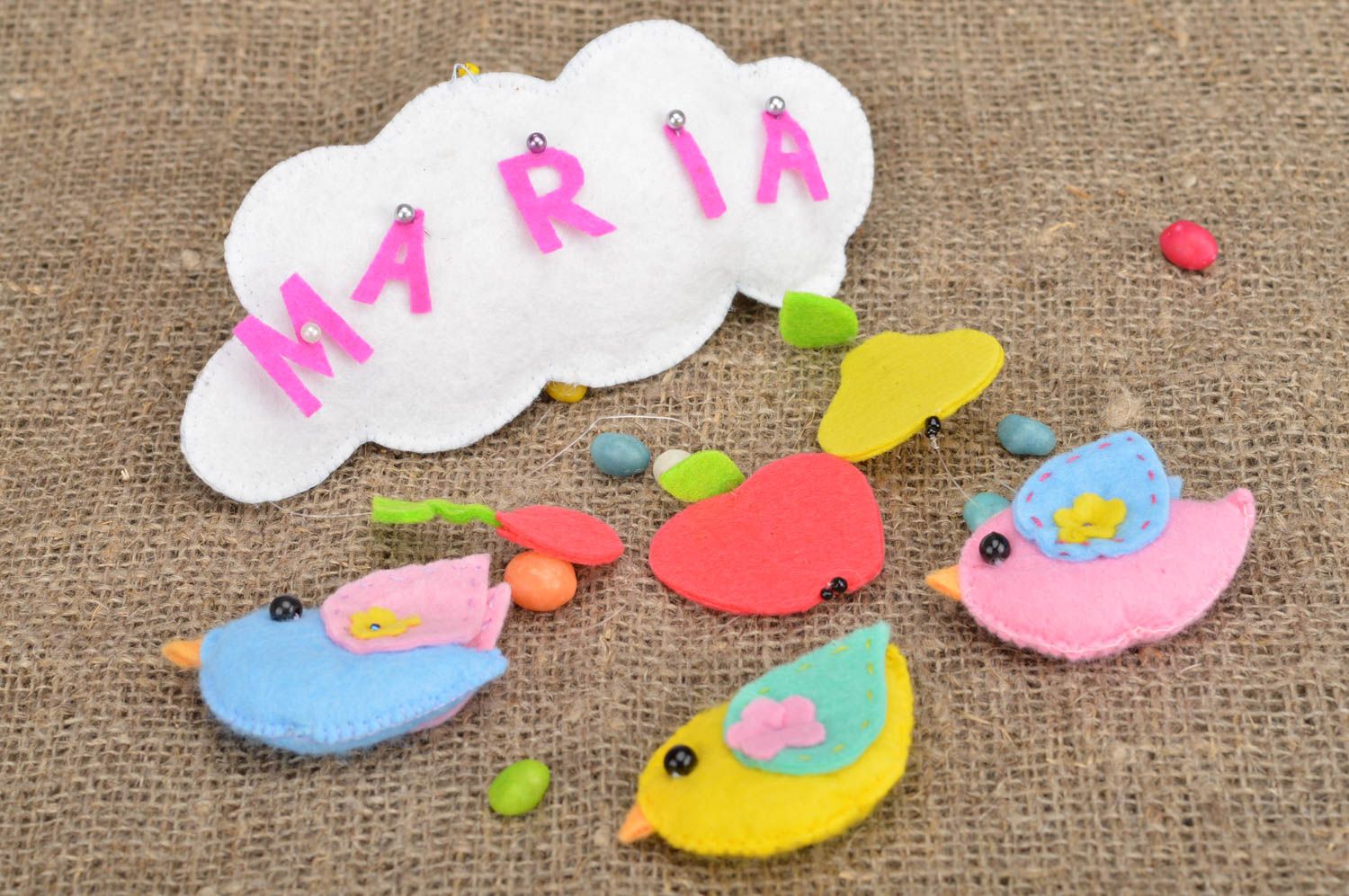 Handmade bed pendant made of felt with inscription MARIA for children's room photo 1