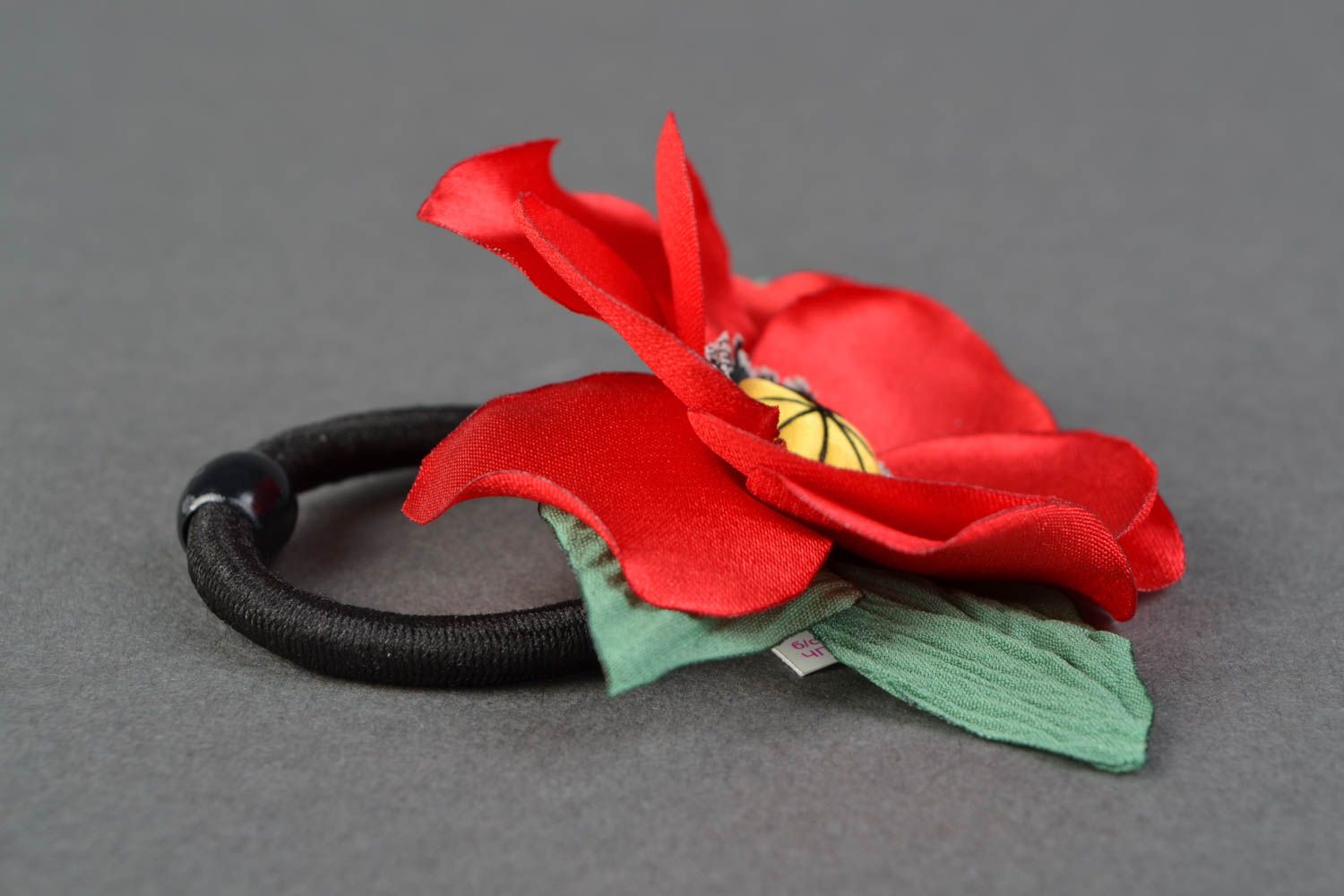 Handmade hair tie with satin poppy flower photo 3