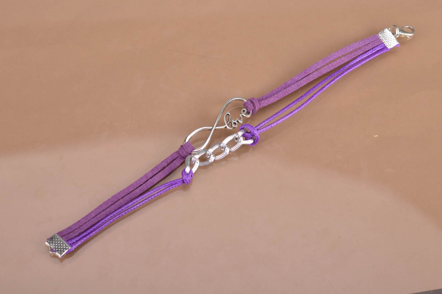 Handmade multi row laconic suede cord wrist bracelet with metal insert violet photo 5