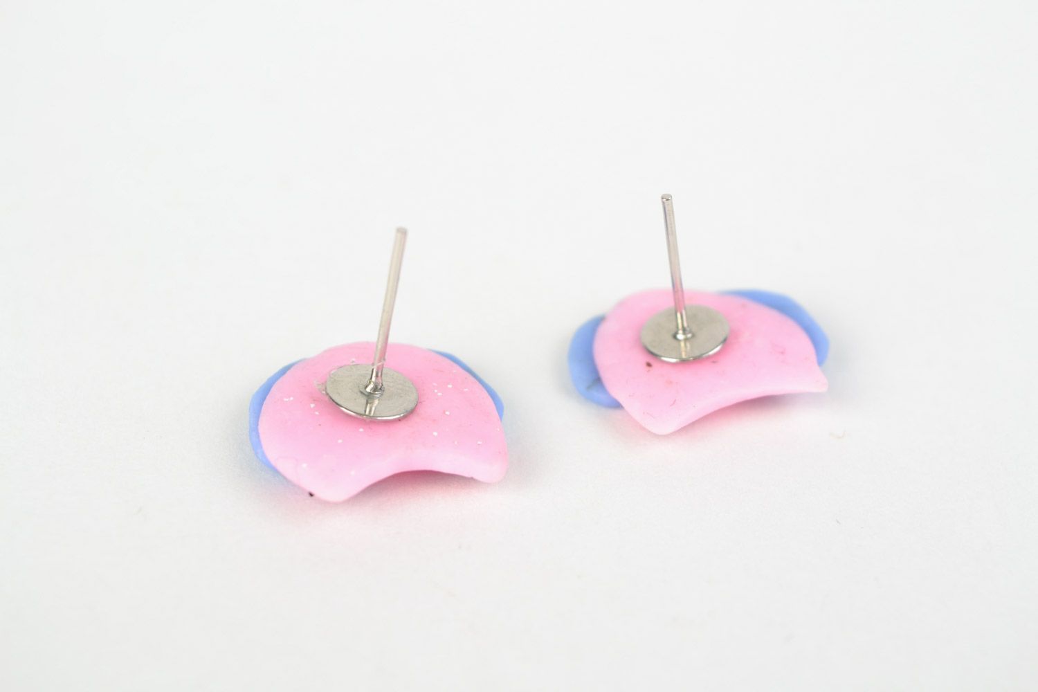 Small handmade polymer clay stud earrings in the shape of pink and blue owls photo 4