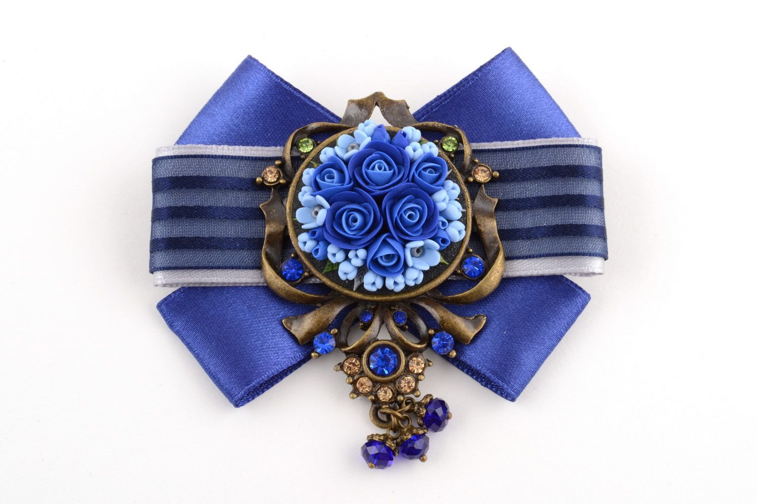 Blue designer handmade brooch with ribbons and flowers made of polymer clay photo 2