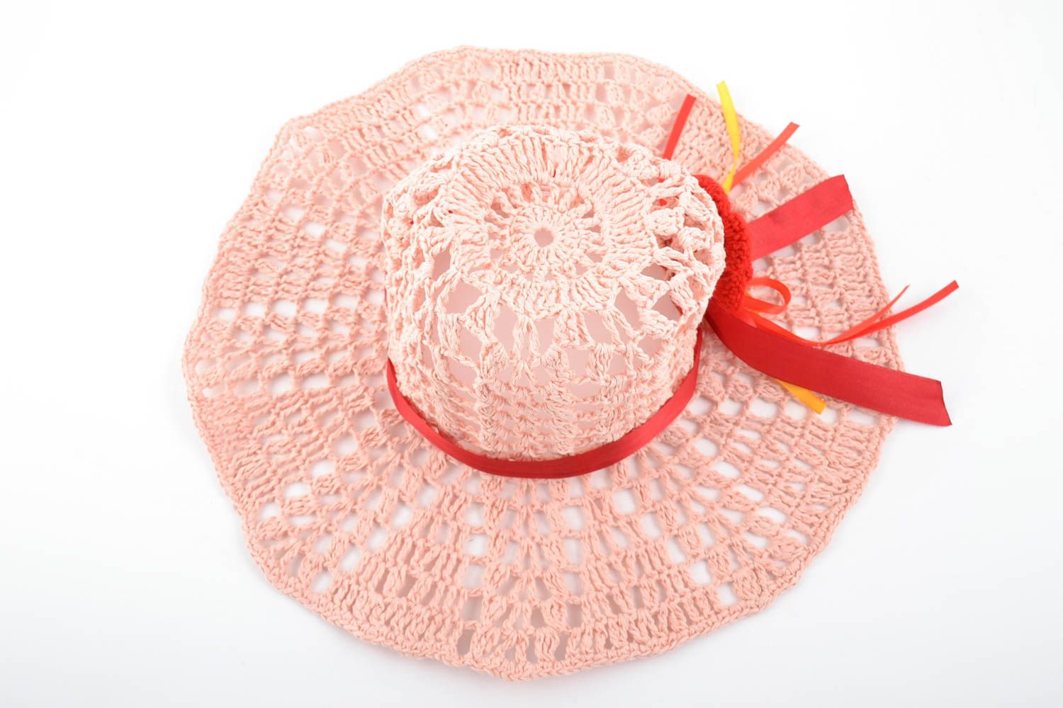 Handmade designer lacy summer hat crocheted of cotton threads with red flower photo 4