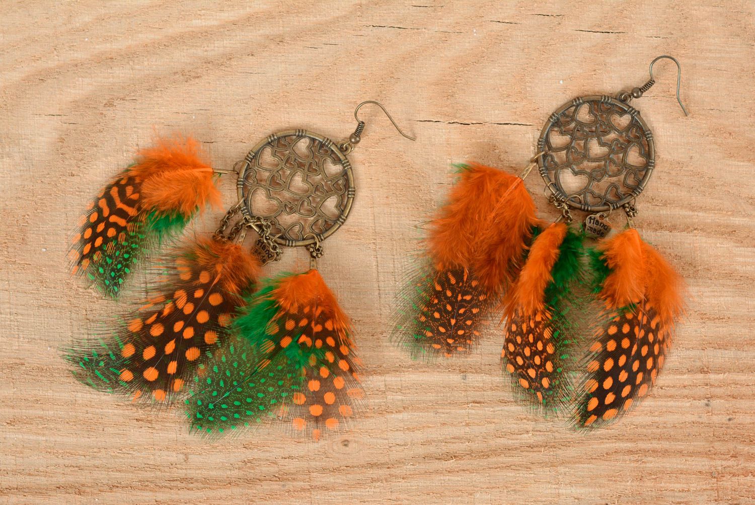 Boucles d'oreilles plumes Bijou fait main orange vert pendantes Cadeau femme photo 3
