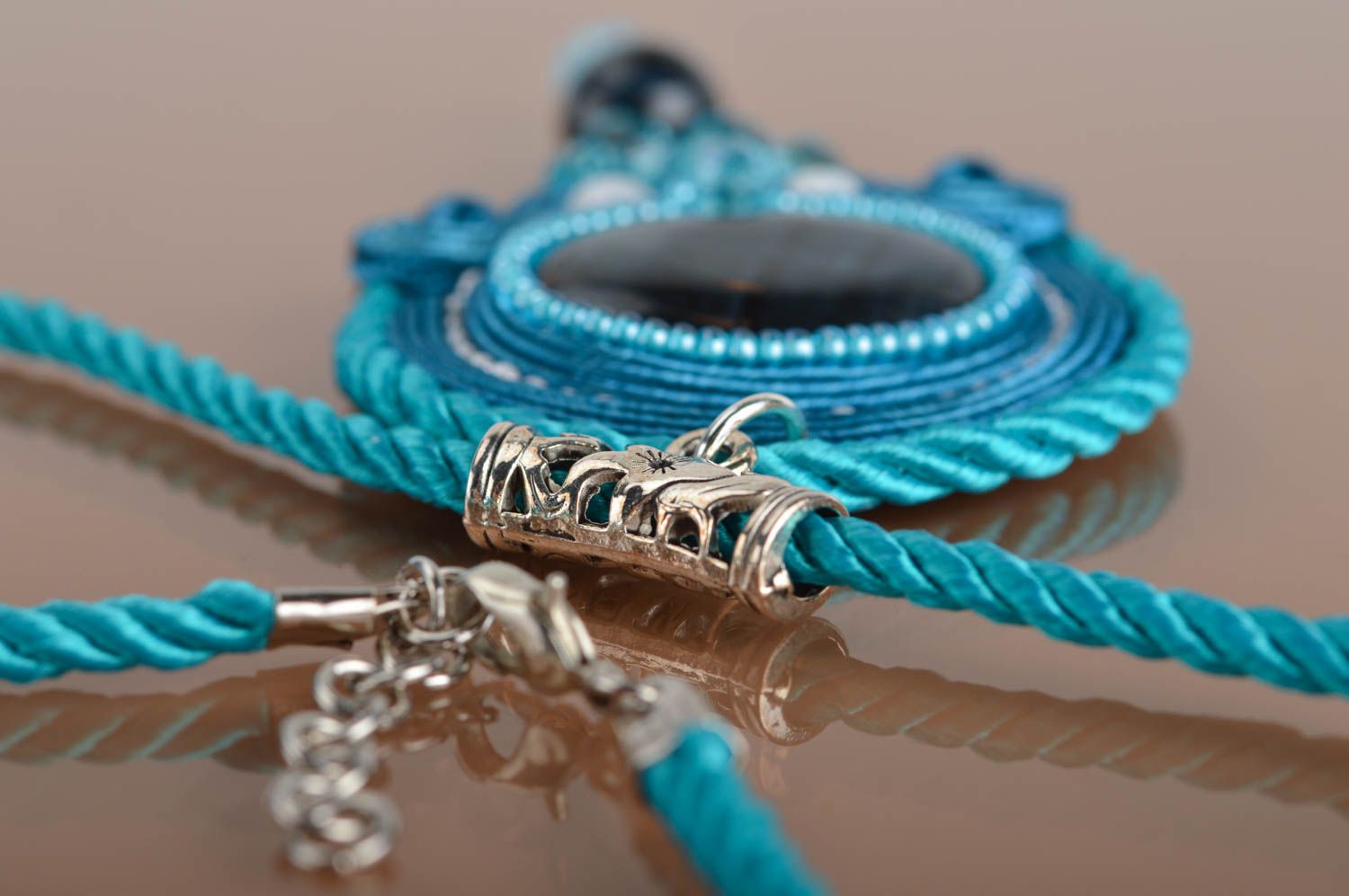 Unusual elegant handmade blue soutache necklace with natural stones photo 4