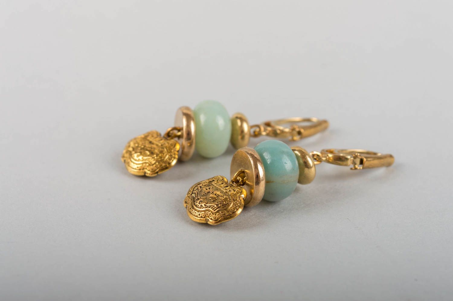 Beautiful elegant handmade designer brass earrings with blue natural stones  photo 5