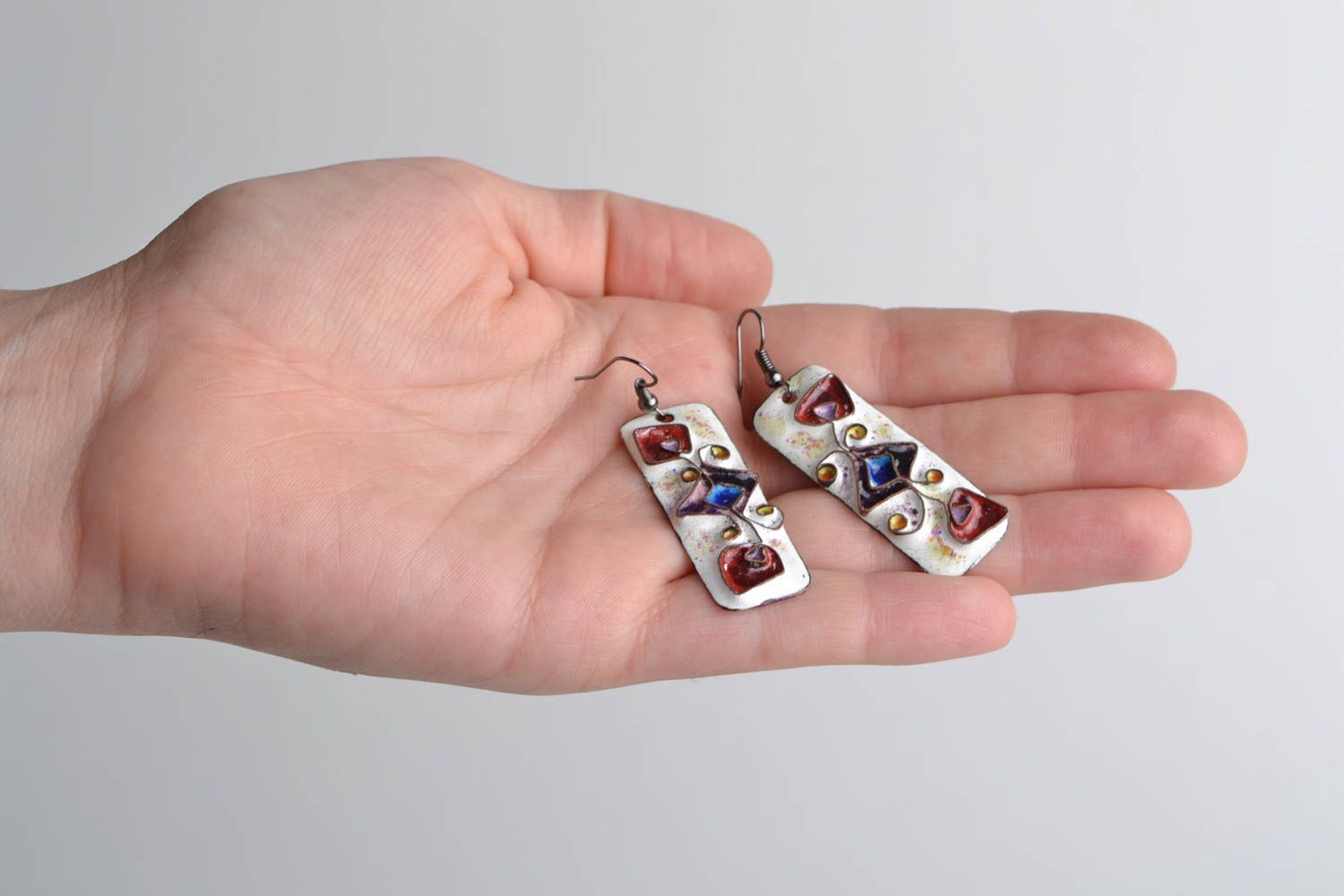 Handmade designer enameled copper dangling earrings of rectangular shape  photo 2