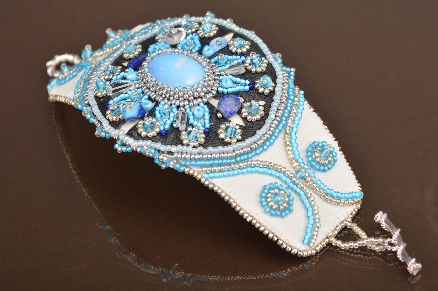 Handmade designer leather wrist bracelet embroidered with beads and moonstone photo 2