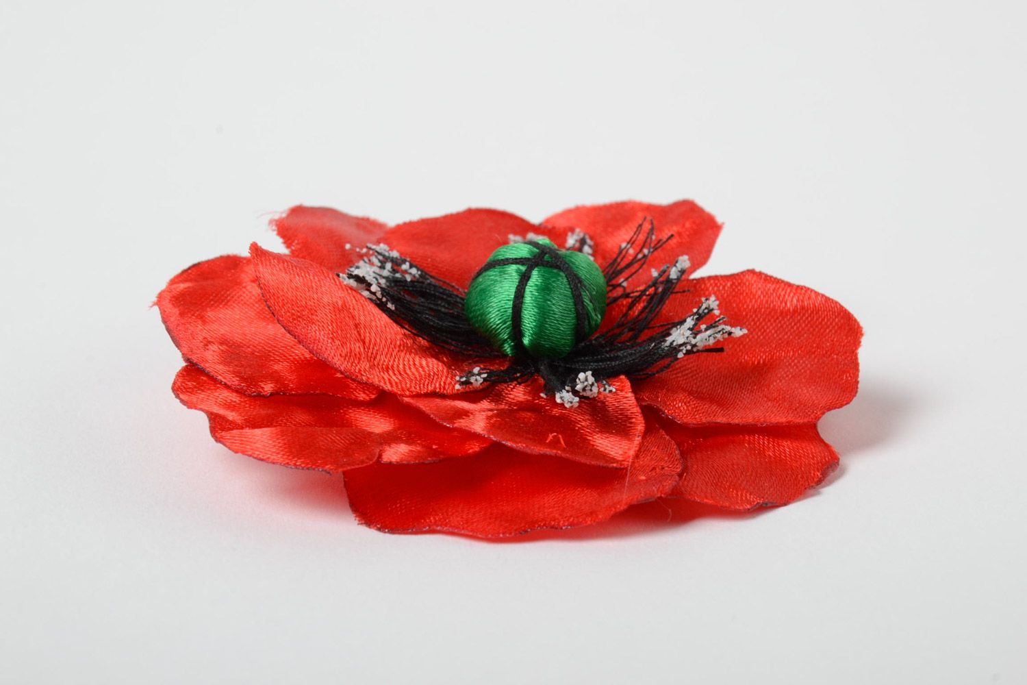 Handmade hair clip with volume red poppy flower made of satin ribbons  photo 4