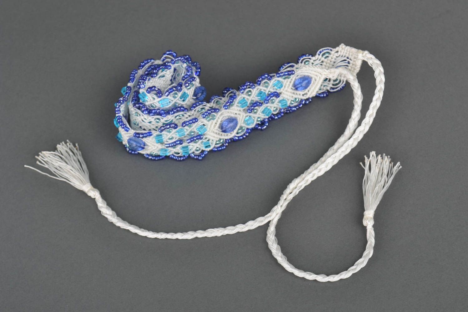 Ceinture textile Accessoire fait main bleu blanc macramé design Cadeau femme photo 5