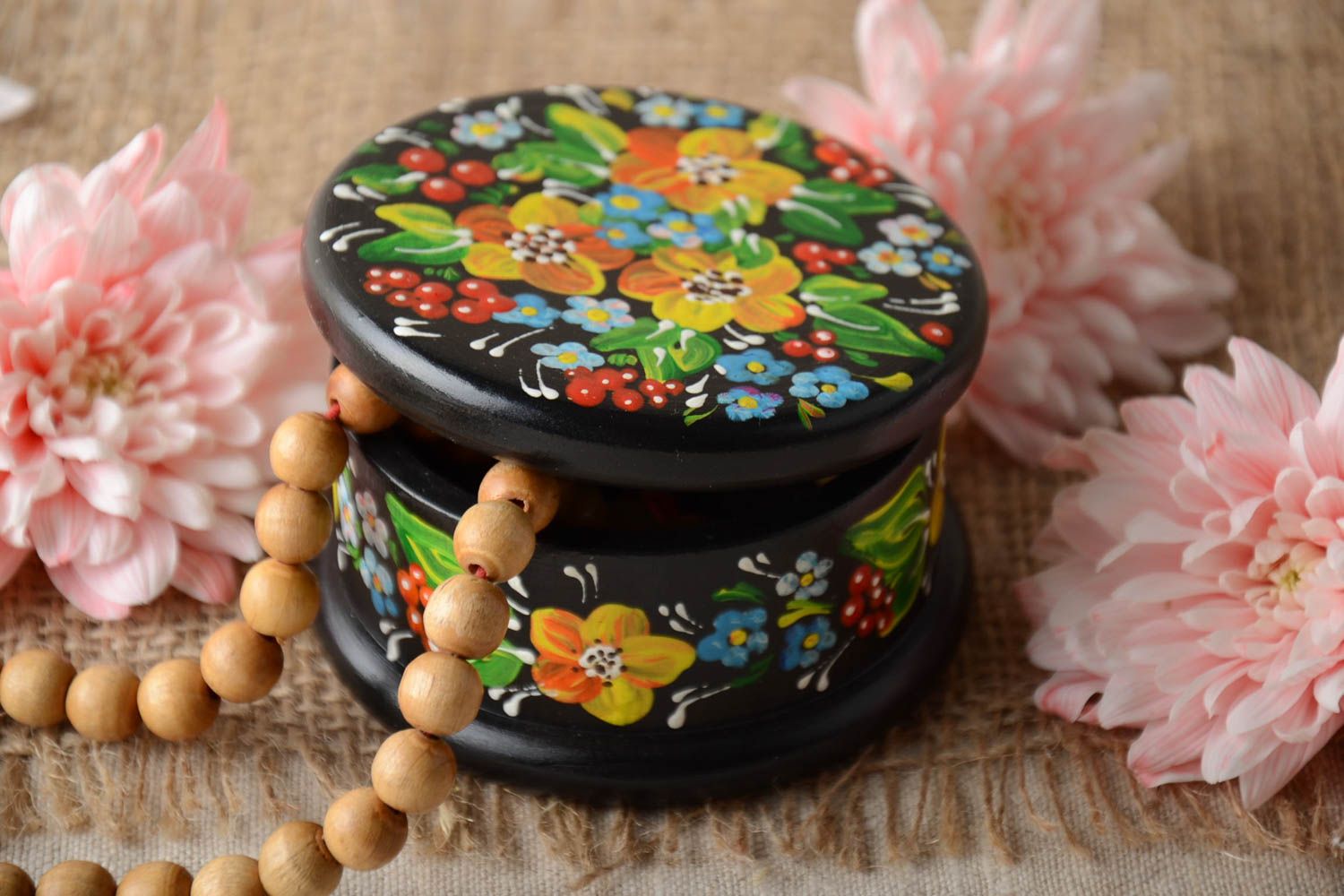 Beautiful bright handmade round wooden box with acrylic painting for decor photo 1
