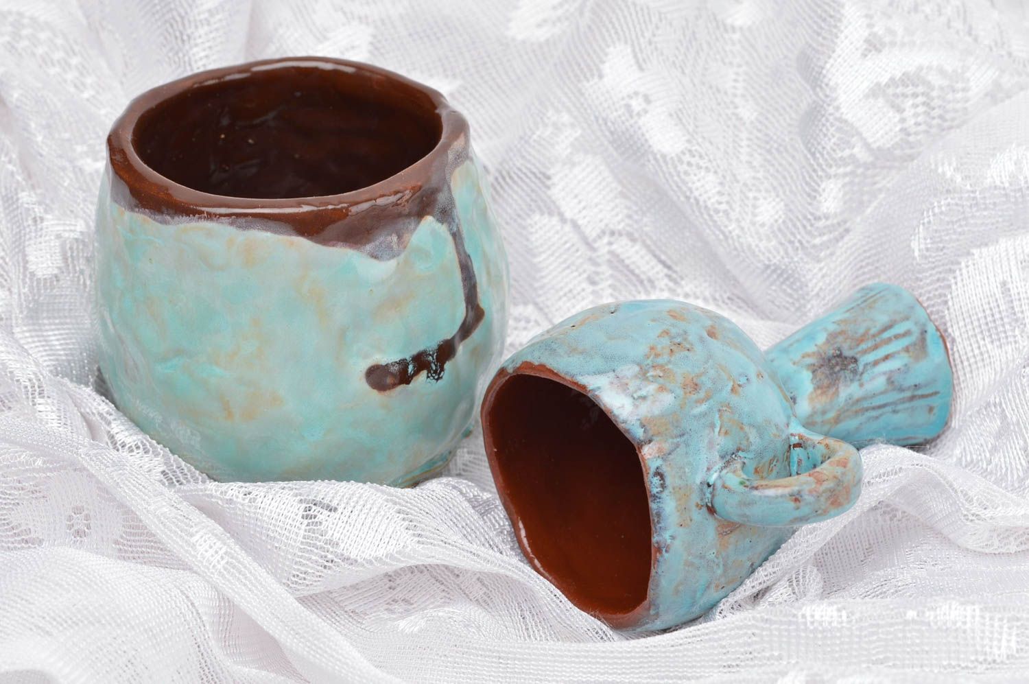 Handgemachte Keramik Geschenk Set Deko Tasse und Kerzenständer aus Ton foto 1
