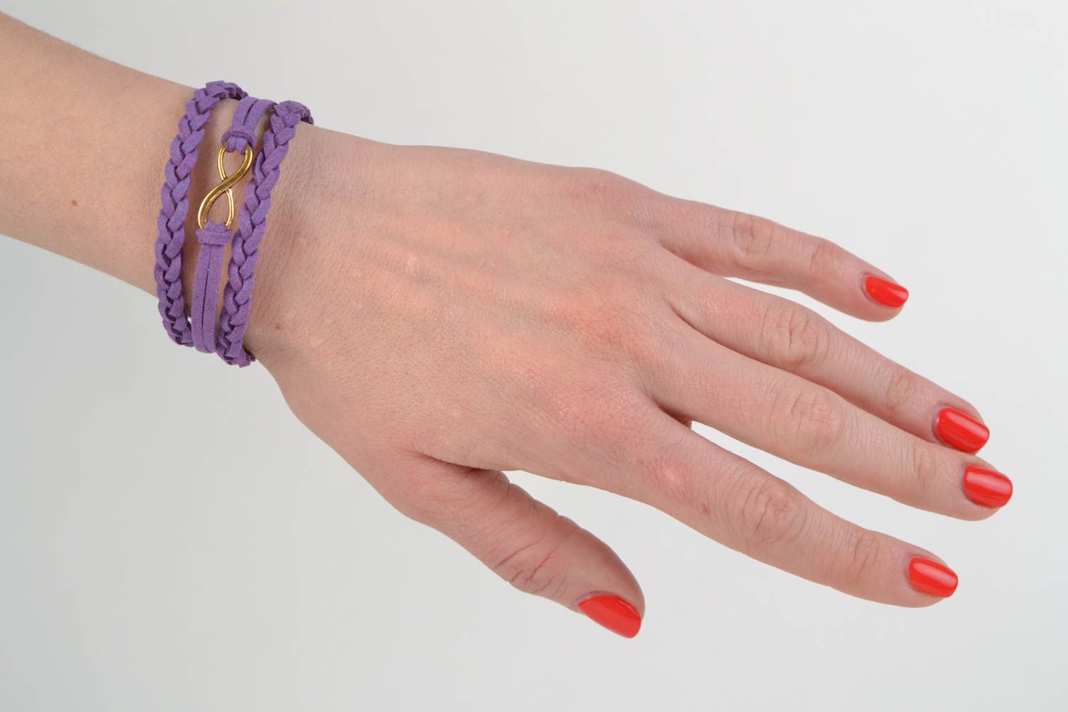 Violet woven suede cord bracelet with infinity sign handmade accessory photo 2