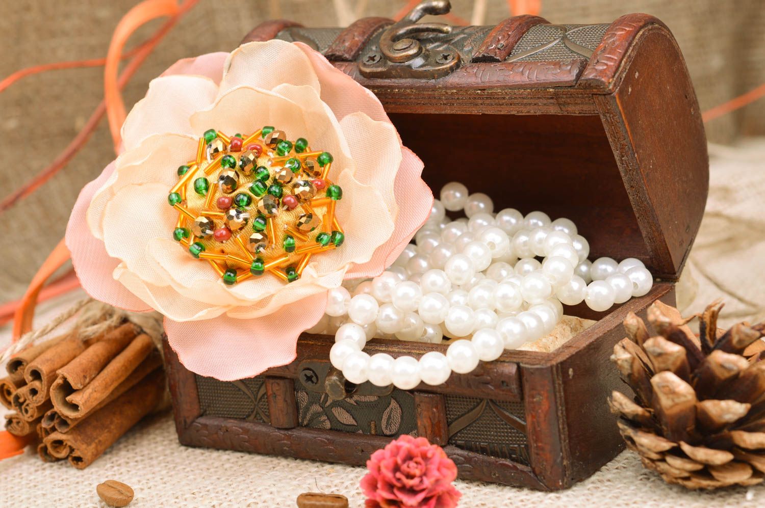 Handmade hair clip brooch with light fabric flower with colorful beaded core photo 1
