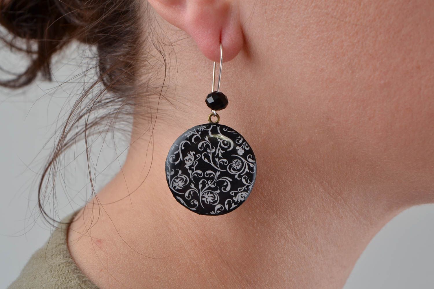 Stylish large handmade polymer clay round earrings black and white photo 2