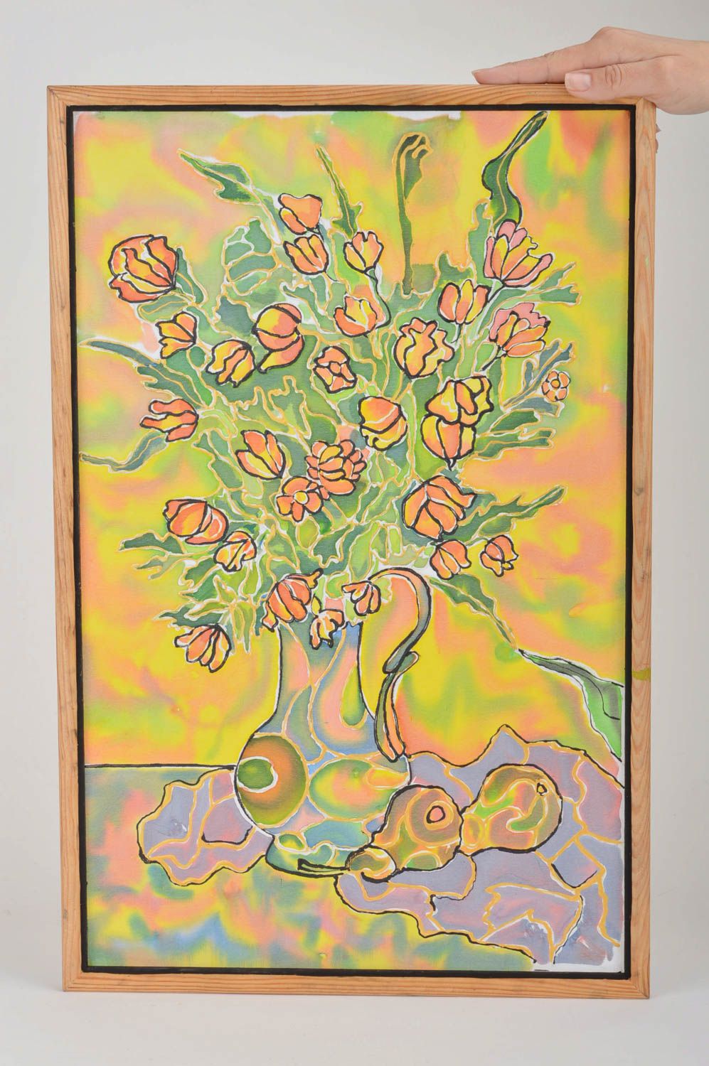 Картина в технике холодный батик тканевая ручной работы Кувшин с цветами фото 3