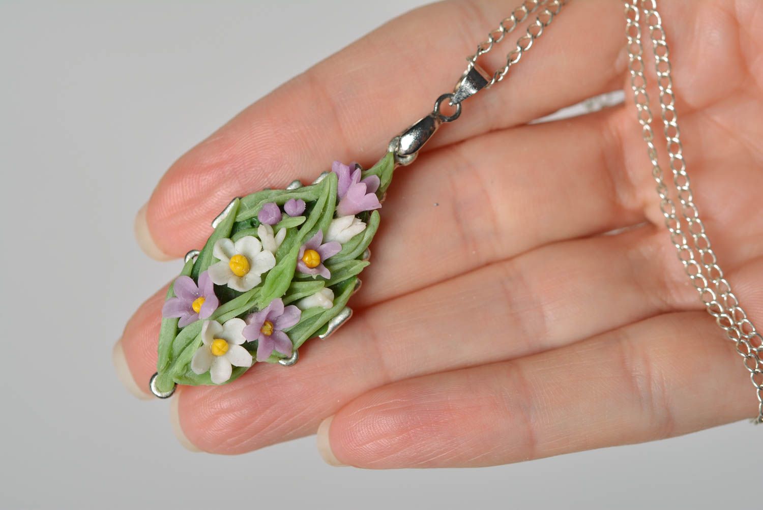 Unusual handmade polymer clay flower neck pendant designer women's jewelry photo 3