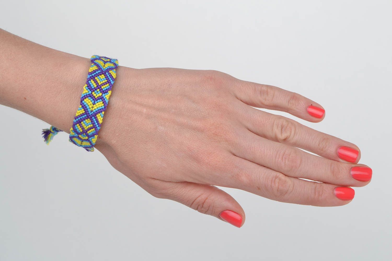 Bright handmade woven wrist friendship bracelet with ties macrame weaving photo 2